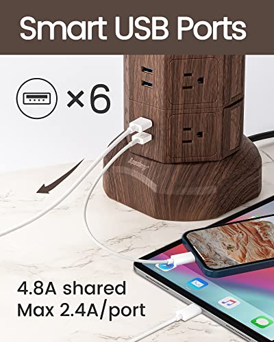 Superdanny Surge Protector Tower With 10W Wireless Charger, Power Strip Tower Vertical Charging Station With 10 Ac Outlets+4 Usb Slots And 6.5Ft Extension Cord For Home Office Garage, Deep Wood Grain #TOP3