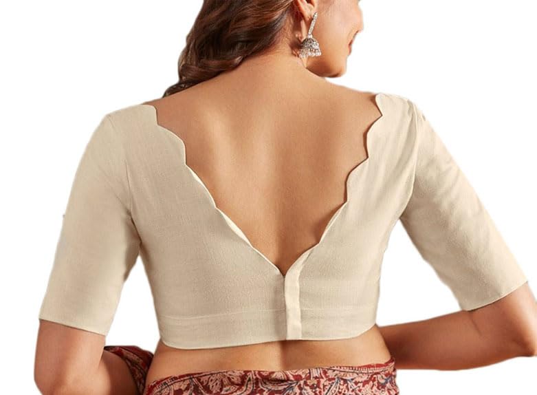 Scallop V-Neck Linen Saree Blouse Readymade Stitched Padded Sari Choli2