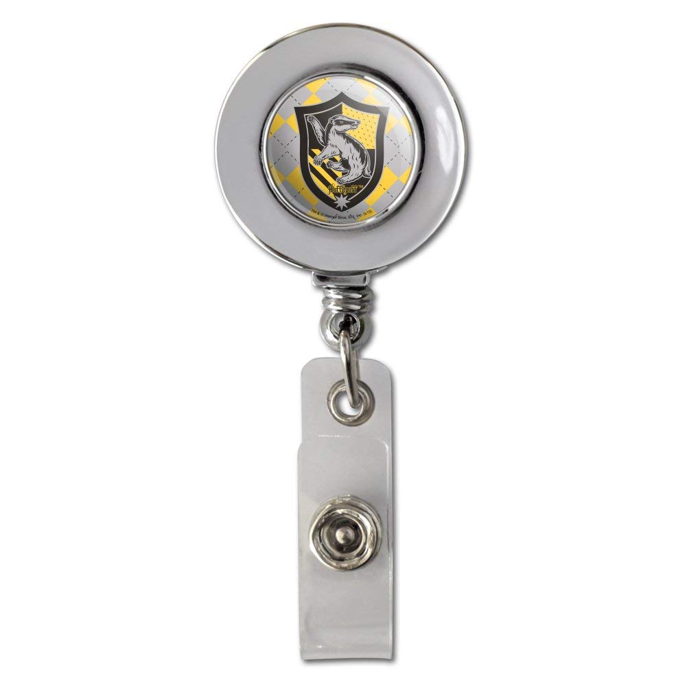 Harry Potter Hufflepuff Plaid Sigil Retractable Reel Chrome Badge ID Card Holder Clip