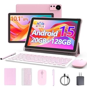 Android 15 Tablet 10 Inch, 20GB RAM+128GB ROM/ 2TB Expandable, 2.0GHz Quad-core Processor, 1280*800 HD Screen, 5G WiFi6 BT 5.0, 2 in 1 Tablets with Keyboard Case Mouse Stylus, Widevine L1 Pink