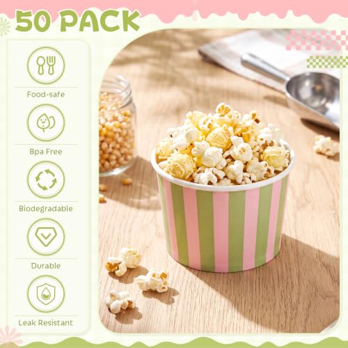 Image of Zopeal 50 Count Pink and Green Striped Ice Cream Cups Paper Dessert Bowls