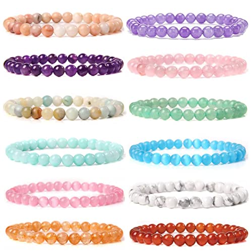 Mozaka 12Pcs 6Mm Natural Crystal Stretch Bracelets Power Healing Stone Beads Bracelets Semi Precious Gemstone Beaded Bracelets For Women Jewelry Set #TOP19