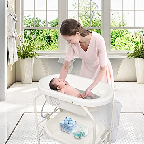 Image of Kinbor Baby Bathinette Folding Changing Table Baby Diaper Station with Bath Tub Unit, Portable Children Baby Dresser Unit Infant Nursery Trays Storage