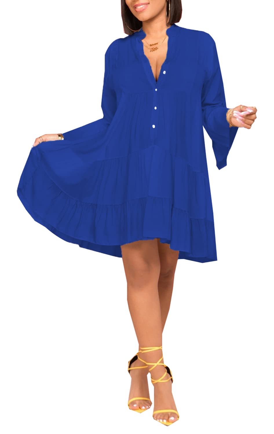 FairyLove Women Wedding Ruffle Dresses Flowy Puffy with Deep V Neck Pleated Hem Lantern Long Sleeve Bell Sleeves