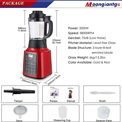 Moongiantgo Batidora de Vaso Licuadora Calentador (2200W, 58000RPM, 1,75L Jarra de Vidrio, Función de Calefacción, 13 Programas Preestablecidos para Batido, Sopa, Helado, Jugo, 9 Niveles de Velocidad)