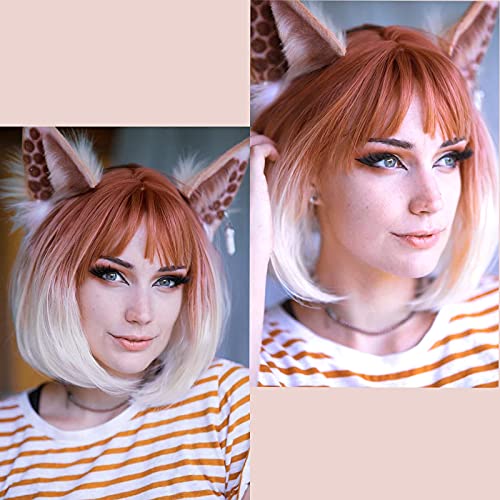 Ombre Wigs Short Bob Wigs 2 in 1 Curly Wig + Straight Wig Ombre Red Blonde Bob Wig for Women Synthetic Cosplay Daily Wigs(12", Rust Red Blonde)