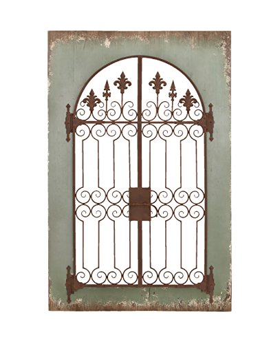 Deco 79 Wood Fleur De Lis Home Wall Decor Arched Windowpane Wall Sculpture with Rust Metal Scrolled Gate, Wall Art 33