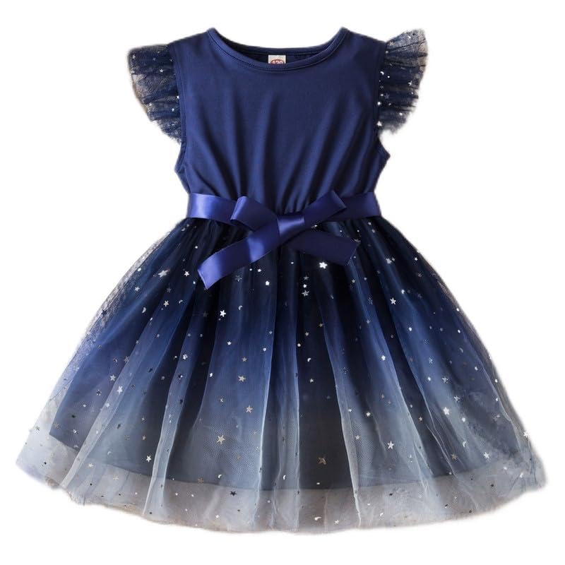 JiAmy Vestido de niña con lentejuelas de manga aleteo Puff Casual Ropa Niños Gradiente Tulle Vestido para 1-6 años, azul marino, 2-3 años