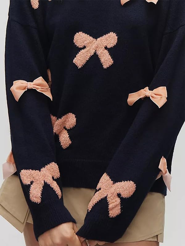NUFIWI Women Y2K Bow Print Knit Sweater Crew Neck Bownot Knitted Pullover Cute Graphic Sweaters with Bows Knitwear Streetwear3