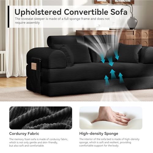Image of Upgrade High Backrest Design Sofa Bed with Fixed-Shape Frame & Removable Armrests and Backrest, Corduroy Fabric, Convertible Mattress Couch for Small Spaces - No Assembly Needed (Black)