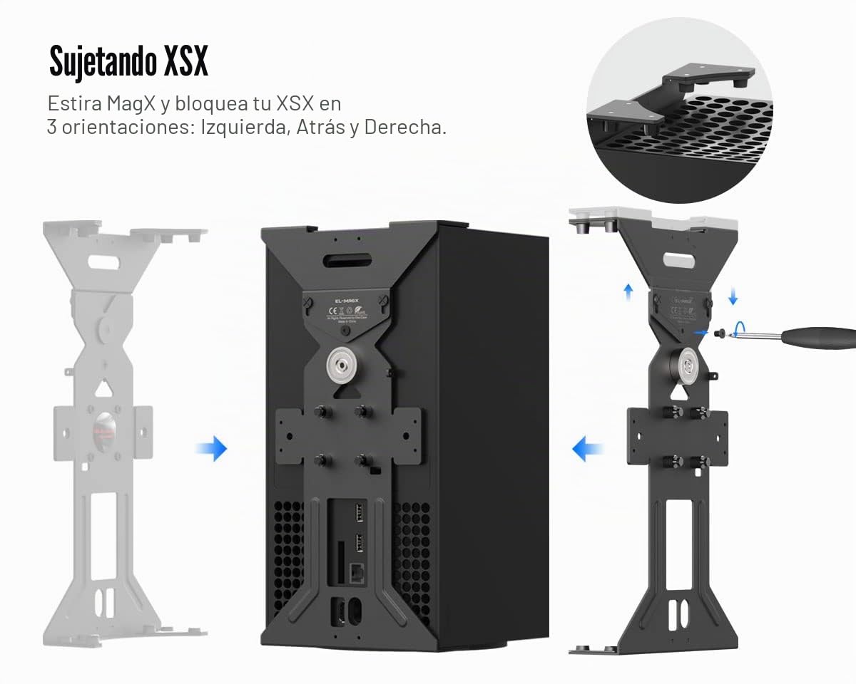 ElecGear Soporte de Pared Magnético para Xbox Series X, Soporte Metálico con Gancho para Auriculares, Imanes incorporados y Nivel de Burbuja - montaje XSX Vertical, Horizontal o debajo del Escritorio