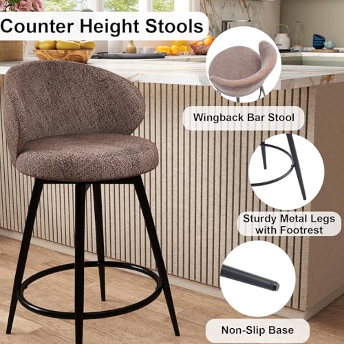 Image of 360 Swivel Modern Bar Stool Set of 4, 26 inch Upholstered Counter Height Bar Stools with Wingback, Soft Linen Fabric, Counter Chairs with Arm for Kitchen Island or Home Bar, Brown