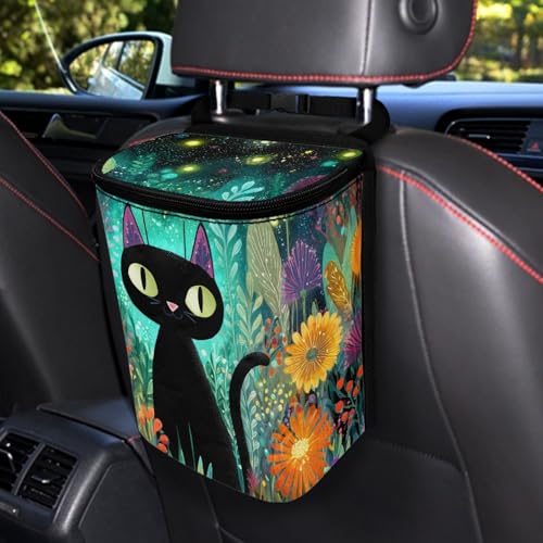 Image of Talayituse Teal Cat Flower Print Car Trash Bin, Large Size Auto Trash Can Adjustable Portable Garbage Can with Lid, Vehicle Hanging Bag for Headrest Front Back Seat