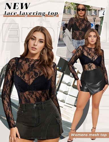 Buauty Mesh Bodysuit for Women Lace Body Suits Women Long Sleeve Sheer Mesh Top See Through Mock Neck Sexy Clothes3