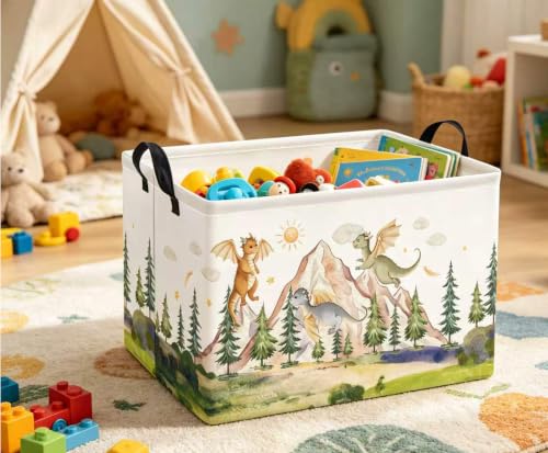 Image of Rectangular Kids Basket Baby Girl Basket Fabric Storage Bin Organizer Box Room Decor(Hill Dinosaur)