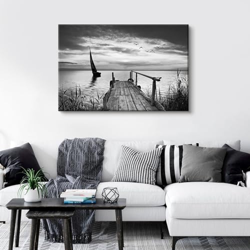 Image of Black and White Nature Wall Art Beach Landscape Pictures Wall Decor for Living Room Coastal Poster Canvas Prints Vintage Sailboat Scenery Paintings Seascape Artwork Home Office Decorations 32x48 inch