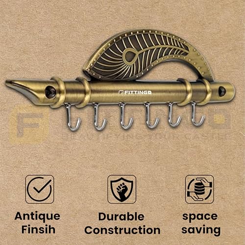Image of Wall Key Holder Krishna Flute & Peacock Quills /Wall Key Hanging Stand /Keys Rack Hook, /Home Decor Gift Key Holder Hook for Keys /Stand /Hanger /Wall Mounted -6 Hooks -Brass Antique