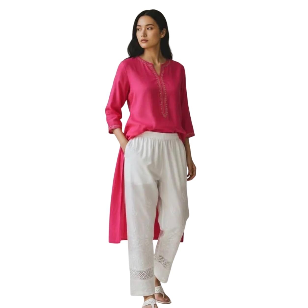 Women's Fabric Lucknowi Hand Chikankari Pant with Lace Work | Adjustable Waist | Straight Fit Ethnic Bottom Wear | Plus Size up to 6XL | White-image-16
