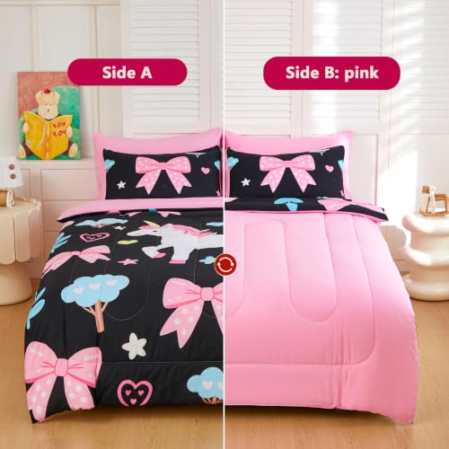 Image of Twin Comforter Set for Girls 5 Piece Black Pink Unicorn & Bow Bedding Set for Girls Super Soft Microfiber Bed Set Bed in a Bag with Comforter Sheets Pillowcase & Sham (5 Piece Twin Size)