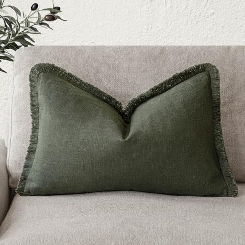 Image of Foindtower Decorative Linen Fringe Lumbar Throw Pillow Covers Cozy Boho Farmhouse Cushion Cover with Tassel Soft Accent Pillowcase for Sofa Bed Living Room Home Decor, 12x20 Inch, 1PC,Dark Olive Green