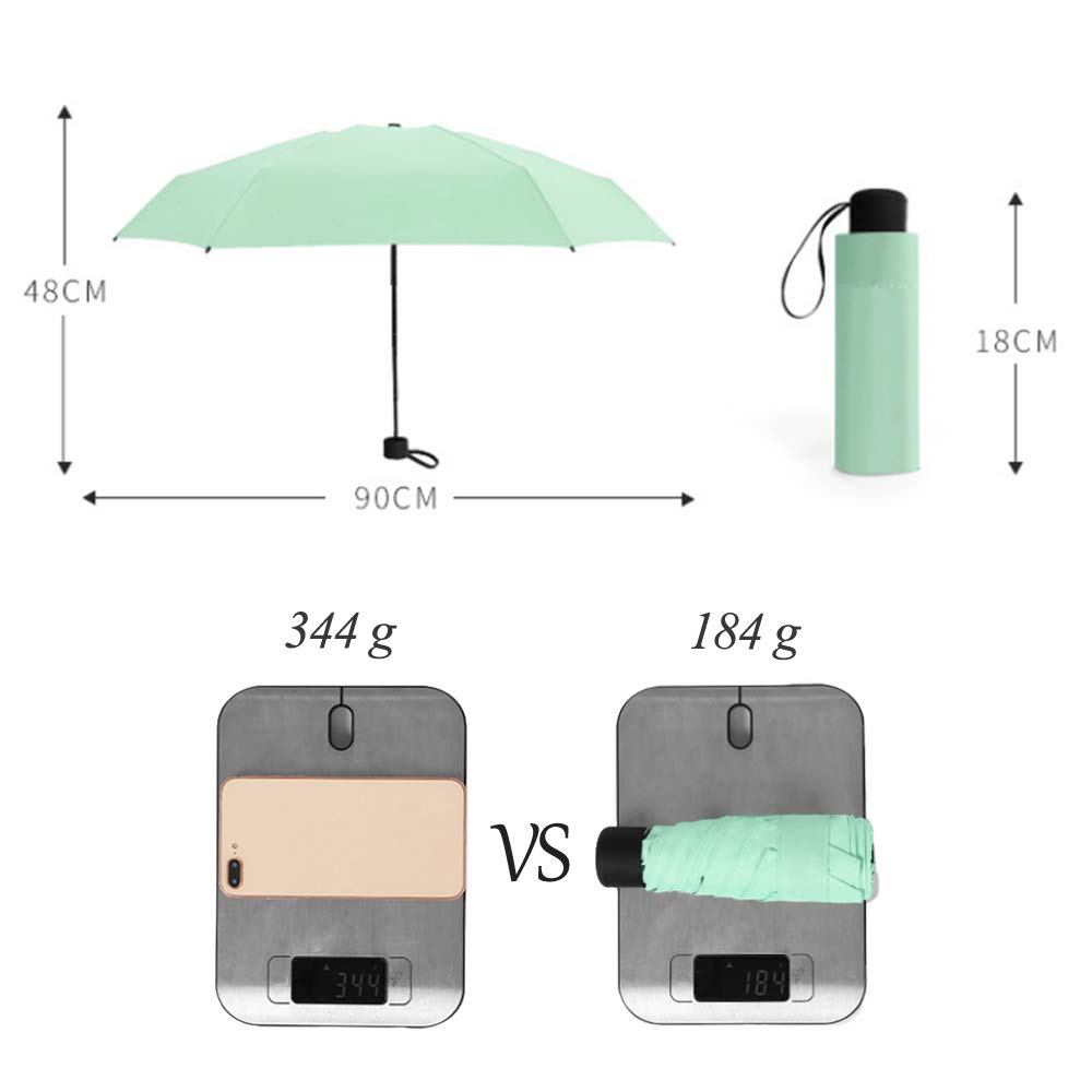 ZOCONE Mini Ombrello da Viaggio, Mini Ombrello Ultraleggero Portatile Compatto Ombrello Pieghevole Ombrello da Viaggio, 99% UV Resistenza & 100% Impermeabile (Verde)