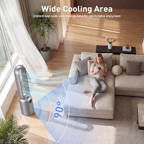 Image of 36 inch Bladeless Tower Fan for Bedroom, Powerful 26ft /s Airflow, 24 Speeds, 90 Oscillation, 12H Timer, Standing Fans with Remote, Quiet Bladeless Cooling Fan for Home Office Room, Dark Grey