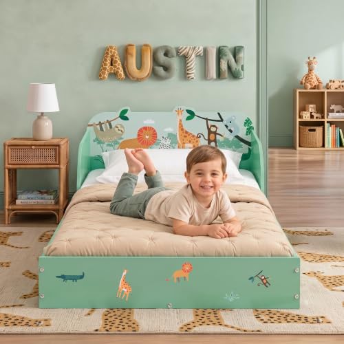 Delta Children Safari Wood Floor Toddler Bed with Reusable Stickers Green