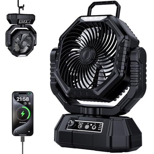 AJVV Campin Fan Dual Motor Rotation High Wind Black | Portable Fans Rechargeable with LED Light, 20000mAh, Remote Control, 13 Speeds for Indoor, Outdoor, Home, Tent, Fishing, Camping