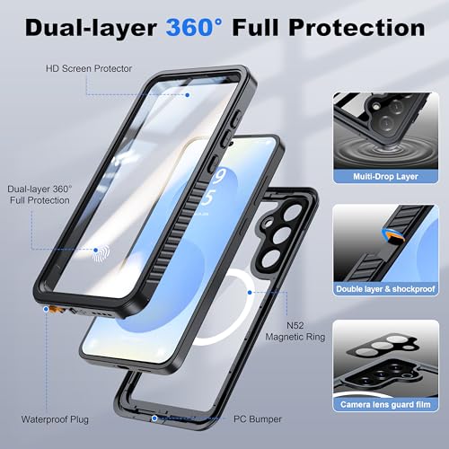 Image of ANTSHARE IP68 Waterproof Case for Samsung Galaxy S25 Plus [2025] - MagSafe Compatible, Built-in Screen /Lens Protector - Shockproof Full Body Protection for Swimming /Outdoor, Black /Clear