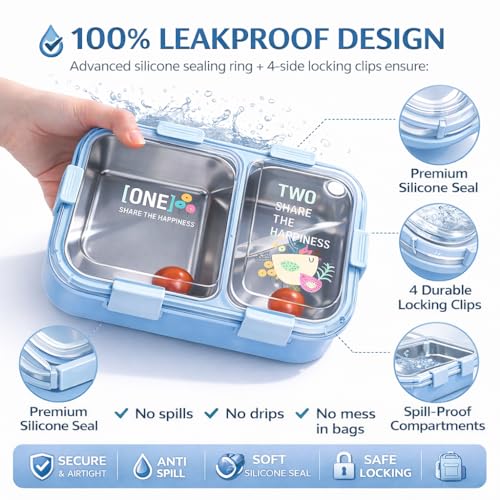 Image of KBV 2 Compartment Insulated Happiness Lunch Box BPA-Free Airtight Leakproof Dishwasher Safe Tiffin Box for Kids Boys & Girls Perfect for School Picnic Gifting (Blue)
