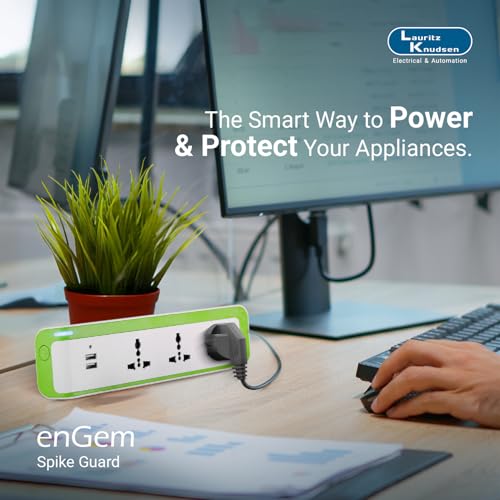 Image of Lauritz Knudsen Electrical & Automation Spike Guard 3 Way with Twin USB Charger & Resettable Fuse | 3 Year Warrenty | for Laptop, Tablet, Smart Watch, Earbud | (Green & White, OA05W06)
