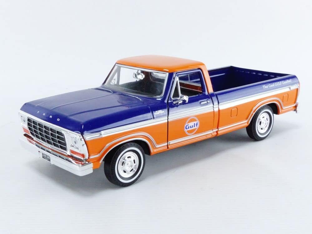 Motormax 1979 Ford F-150 Custom Pickup Truck Gulf Dark Blue and Orange 1/24 Diecast Model Car