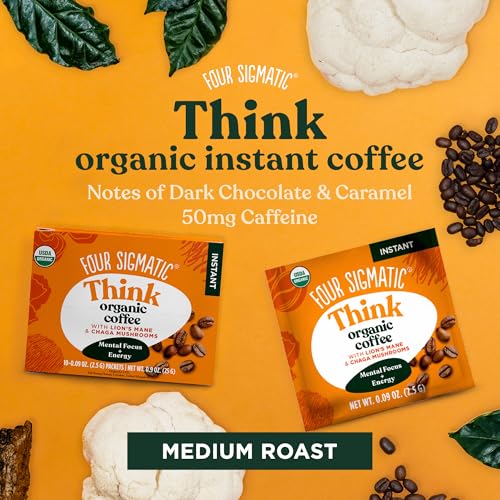 Four Sigmatic Organic Mushroom Coffee | Arabica Instant Coffee Singles with Lion's Mane, Chaga and Rhodiola | Mushroom Coffee Instant Mix for Better Focus and Immune Support | 10 Packets