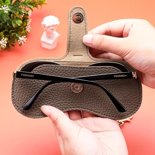 Image of FEISEDY Sunglass Case, 2Pcs Soft Leather Eyeglass Cases for Women | Slim Portable Glasses Holder, with Button-Closure Wrist Strap for Travel & Outdoor B0308