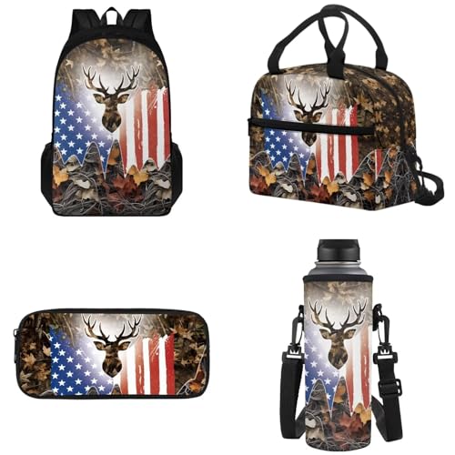 School Backpack 4 Pcs Set Include Insulated Lunch Bag and Pencil Box and Water Bottle Bag, School Bookbag Outdoor Travel Bags Casual Daypack for Teens Kids, American Flag Deer Branch