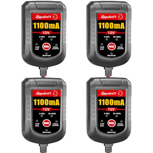 Image of 4 Pack Motorcycle Battery Charger 12V 1.1Amp, Smart Trickle Charger and Maintainer - Automatic Float Charger for Cruiser Sport Bike ATV Scooter Dirt Bike Lawn Mower, LiFePO4 Lead Acid AGM Gel