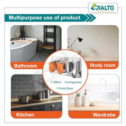 Image of JIALTO 3 Pcs Adhesive Mop Holder and Broom Holder Wall Mounted Stainless Steel | Heavy Duty Mop & Broom Organizer with Hooks | Adhesive Storage Rack for Kitchen, Bathroom - Orange