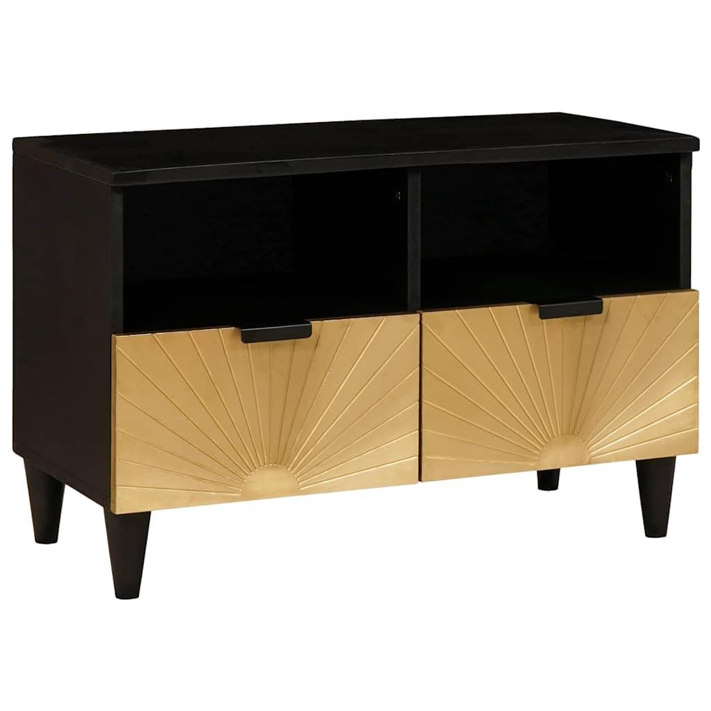 Szafka TV czarna i złota z materiału drewnopochodnego 70 x 33 x 46 cm z miejscem do przechowywania i szufladą, nowoczesna szafka pod telewizor do salonu, konsoli medialnej i kina domowego