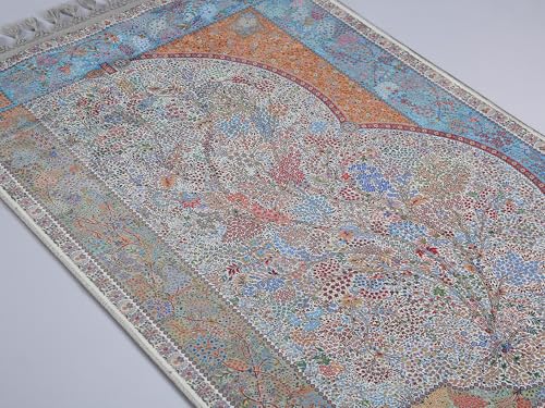 Alfombra turca de oración tradicional gris azul con flecos y flores 4