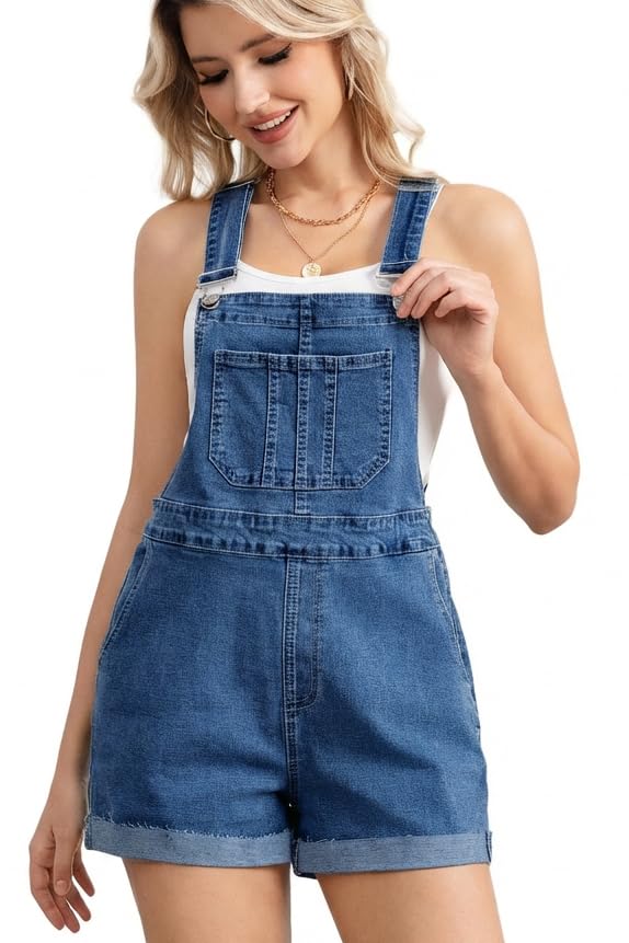 ZMTUO Denim Overall Shorts for Women Stretchy Adjustable Straps with Pockets Cuffed Hem Zipper Closure