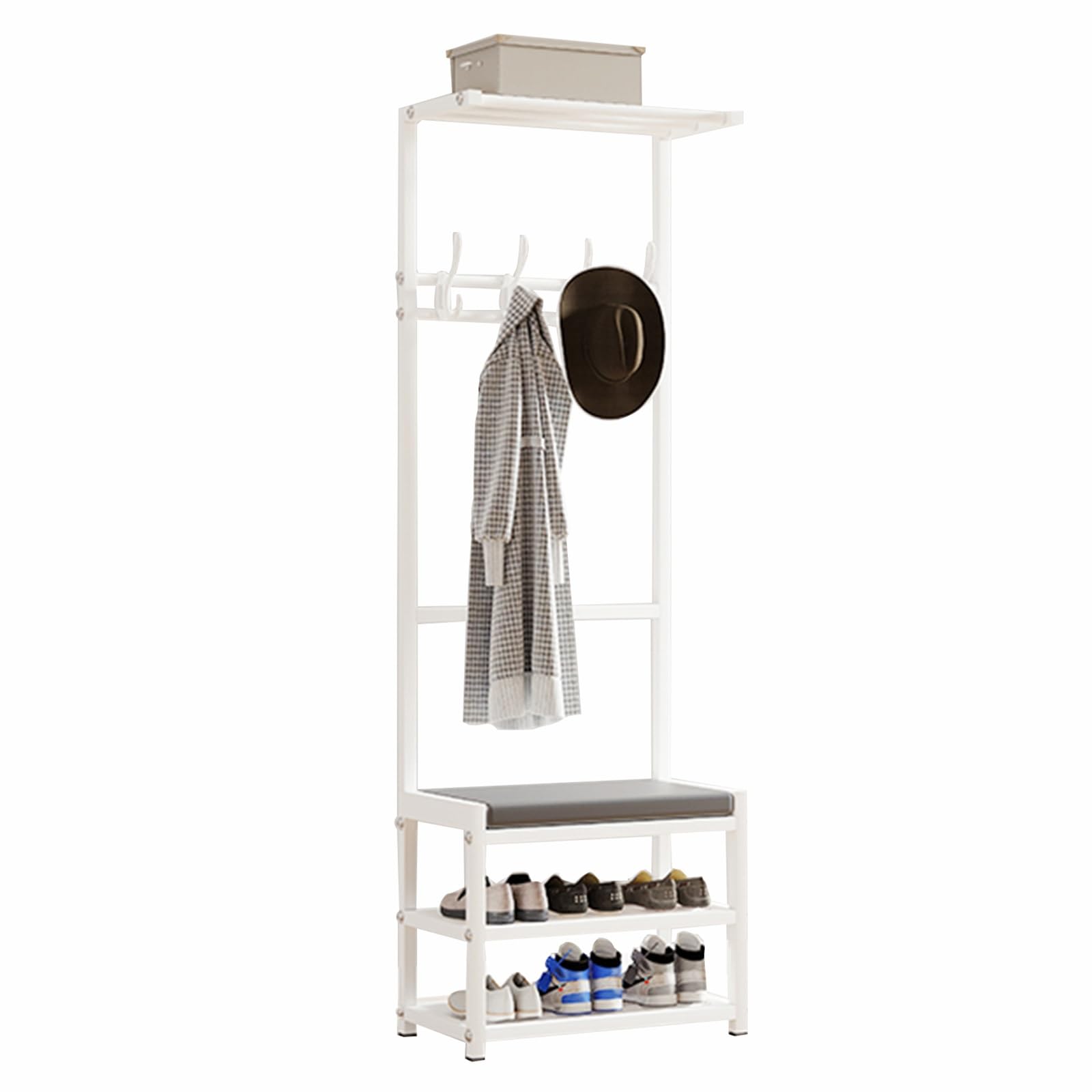 Perchero de Acero Al Carbono Con Banco Para Zapatos, Perchero Moderno para Entrada con Ganchos y Perchero de 2 Niveles, Zapatero Independiente para Salas De Estar En El Pasillo(White,40x25.5x160cm)