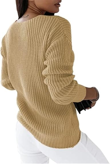 Amazon.com: Suéter de manga larga para mujer con cuello en V, color liso,  jersey de punto : Ropa, Zapatos y Joyería