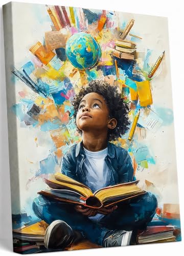 Image of Black Boy Reading Canvas Wall Art Inspirational Books For African American Boys Painting Picture Wall Decor African Boy Poster Print Artwork for Teenagers' Living Room Study Home Decoration 16x24in