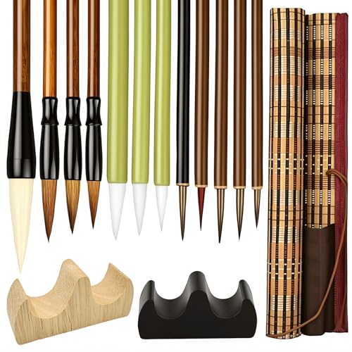 Dexpally Ensemble de 14 Pinceaux de Calligraphie, Pinceaux Sumi avec Sac de Rangement en Bambou et...