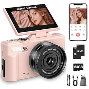 5K Digital Camera, 75MP WiFi Vlogging Camera with 180° Flip Screen, Autofocus, 18X Zoom, 64GB Card, 2 Batteries, Compact Point and Shoot Digital Cameras for Beginner Teens Student Kids Girls (Pink)