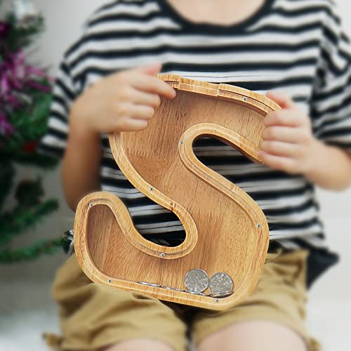 Image of Piggy Bank for Kids Boys Girls, Large Personalized Wooden Letter Piggy Bank with Cut-Out Design, Alphabet Letter Coin Banks, Money Savings Box, Wooden Bank for Kids Creative Gift for Real-Money(S)