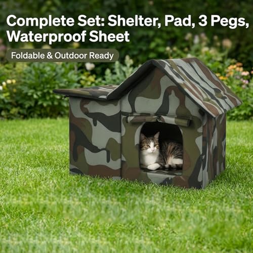 Niche pour chat d'extérieur camouflage avec tapis isolé pliable