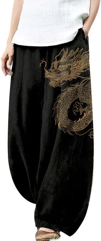 Cotton Linen Boho Casual Pants for Women Flowy Wide Leg High Waist Harem Pants Yoga Summer Comfy Lounge Pants