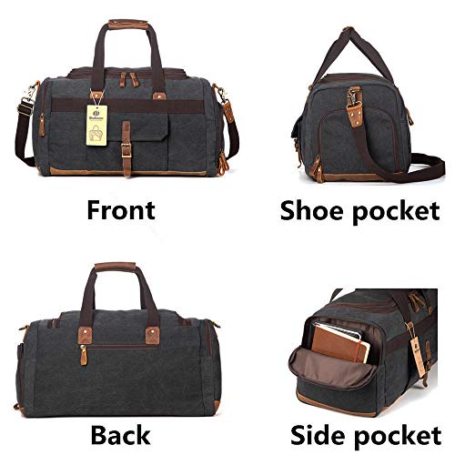 BLUBOON Weekender Overnight Duffel Bag with Shoes Compartment for Women Men Canvas Weekend Travel Tote Carry On Bag (Black)