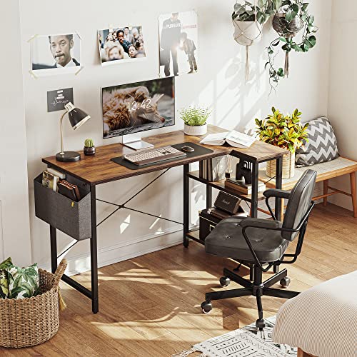 CubiCubi L Shaped Gaming Desk, 100x70 cm Computer Desk with Storage Bag, Office Desk Writing Table with Large Reversible Storage Shelves, Workstation for Study Play Work Home Office, Rustic Brown